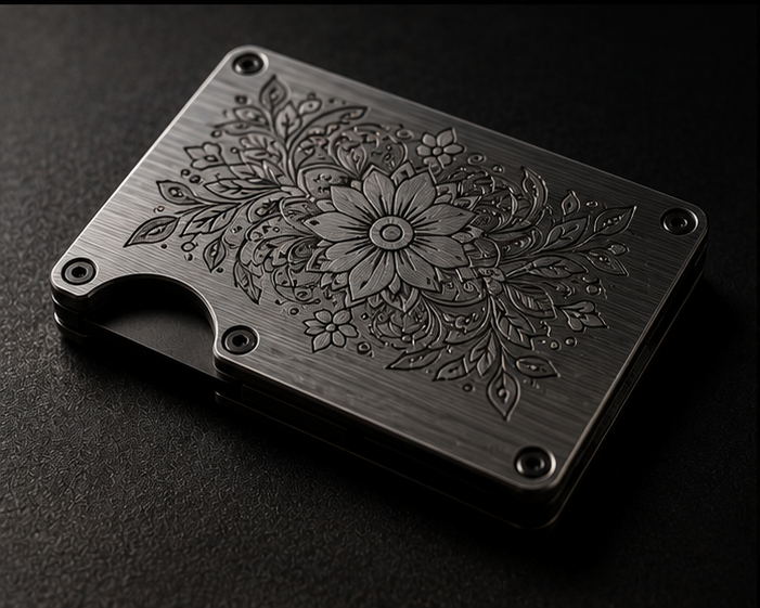 Engraved steel card wallet, raking light across the mark