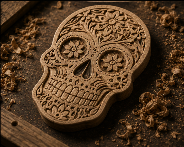 CNC-carved oak sign with wood chips on the workbench