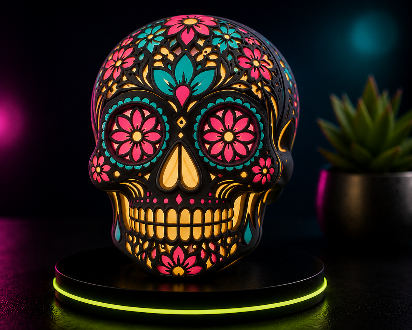 Hand-crafted sugar skull night light, glowing on a lit pedestal